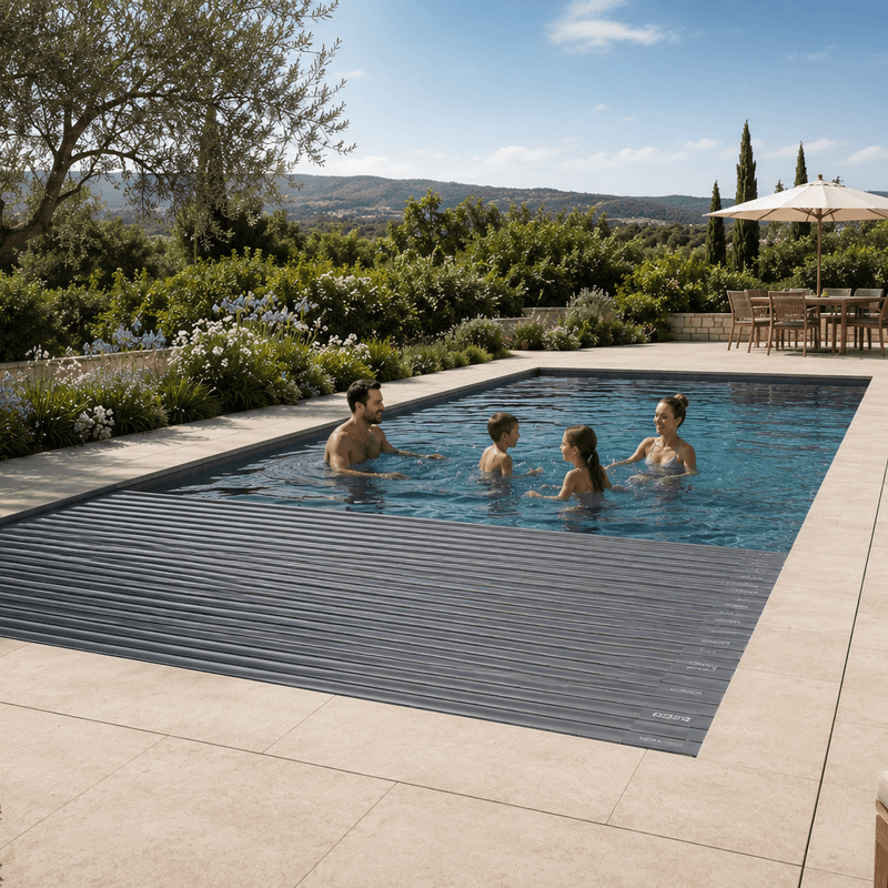 Antibes glassfiberbasseng med benk/beach-sone